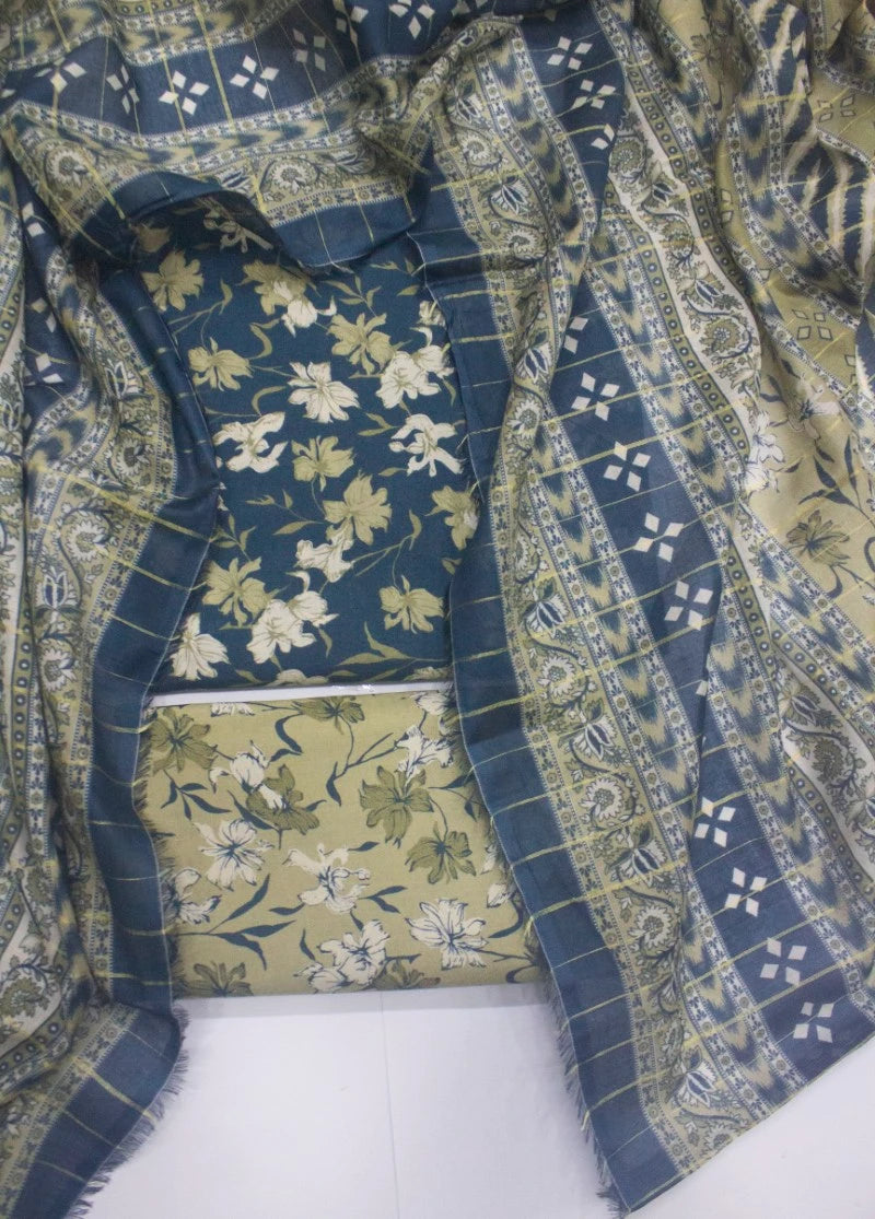 3 Piece Digital Printed Blue Color Unstitched Suit