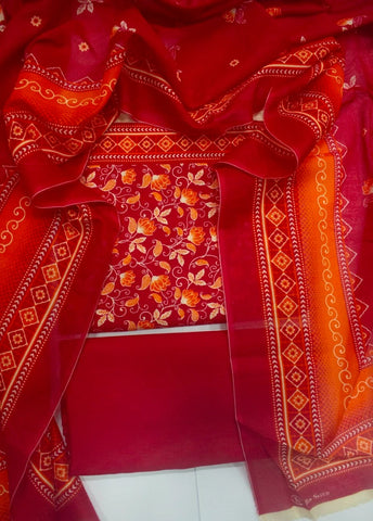 3 Piece Digital Printed Red Color Unstitched Suit