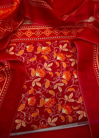 3 Piece Digital Printed Red Color Unstitched Suit