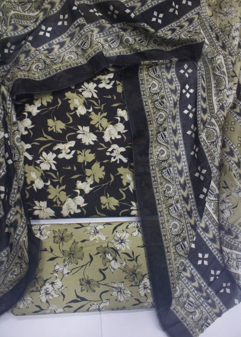3 Piece Digital Printed Black Color Unstitched Suit