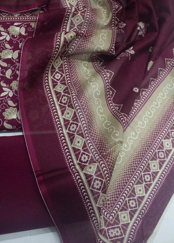 3 Piece Digital Printed Maroon Color Unstitched Suit