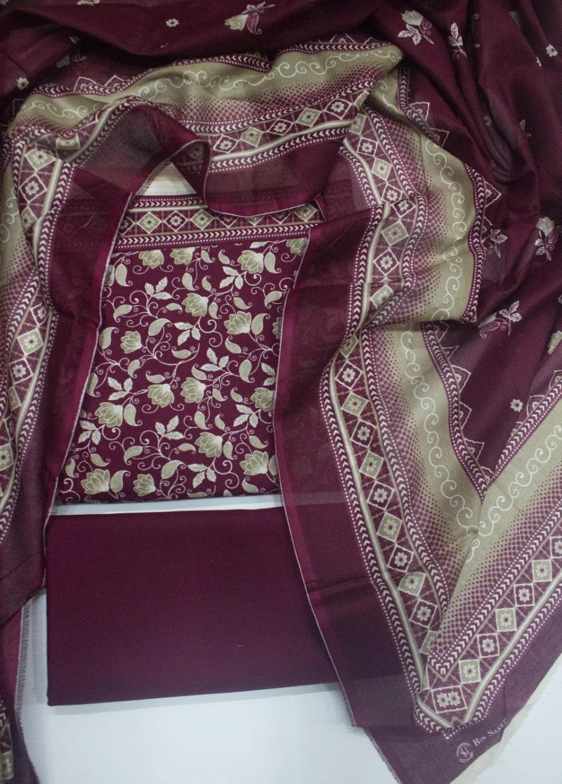 3 Piece Digital Printed Maroon Color Unstitched Suit