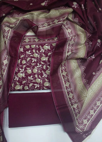 3 Piece Digital Printed Maroon Color Unstitched Suit