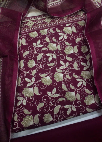 3 Piece Digital Printed Maroon Color Unstitched Suit