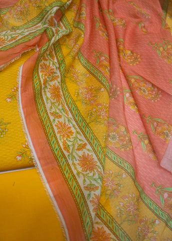 3 Piece Digital Printed Yellow Color Unstitched Suit