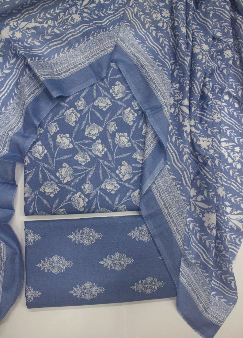 3 Piece Digital Printed Blue Color Unstitched Suit