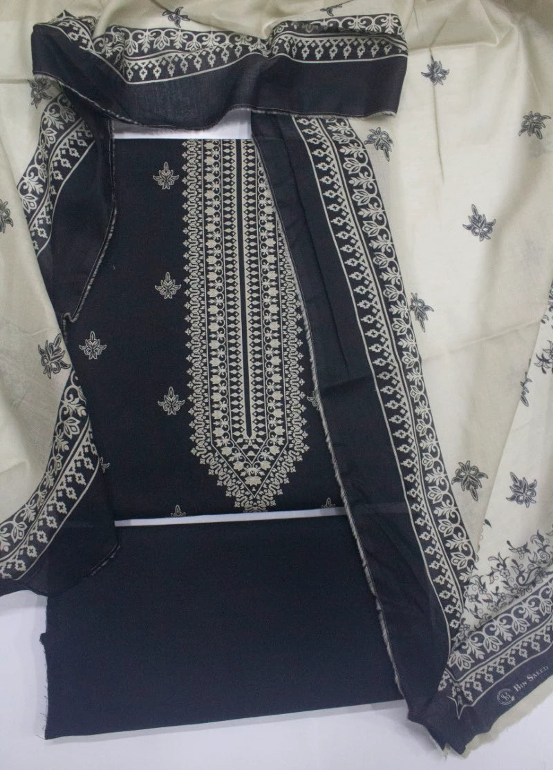 3 Piece Digital Printed Black Color Unstitched Suit