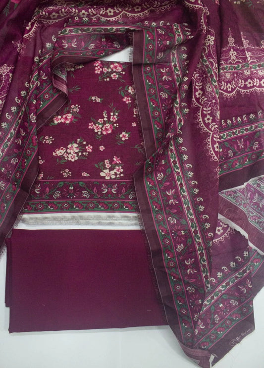 3 Piece Digital Printed Plum Color Unstitched Suit