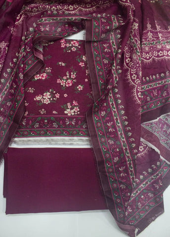 3 Piece Digital Printed Plum Color Unstitched Suit