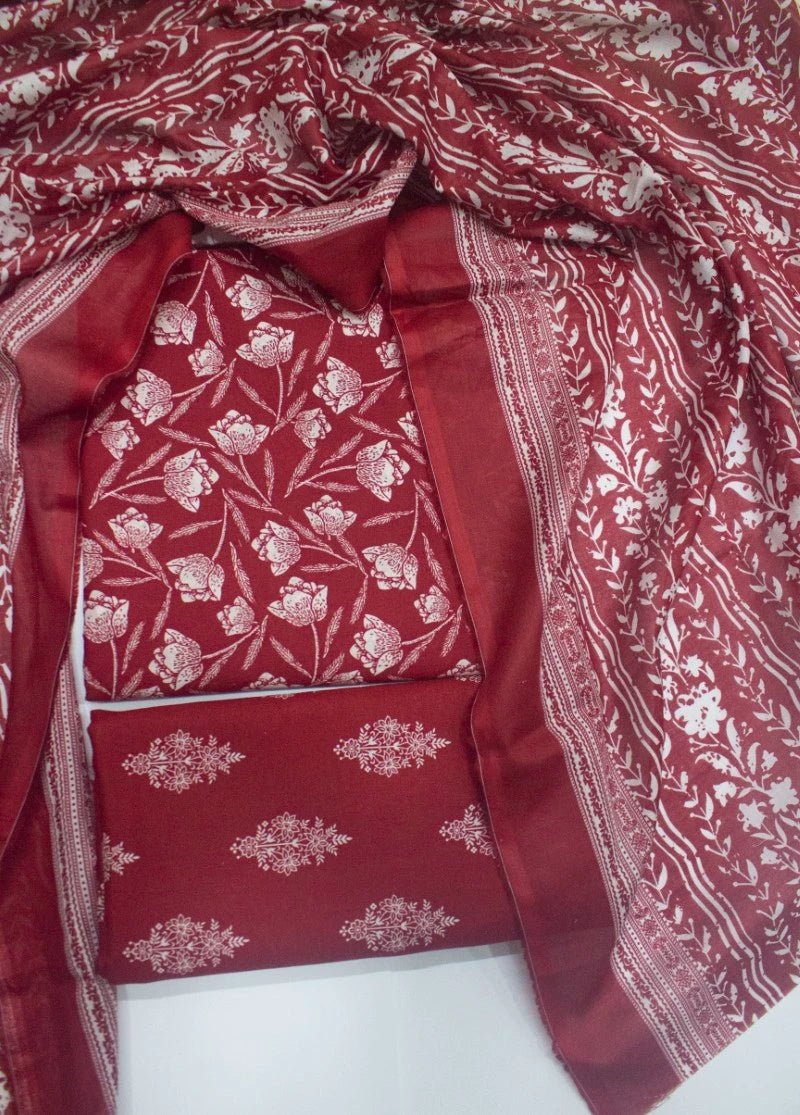 3 Piece Digital Printed Red Color Unstitched Suit