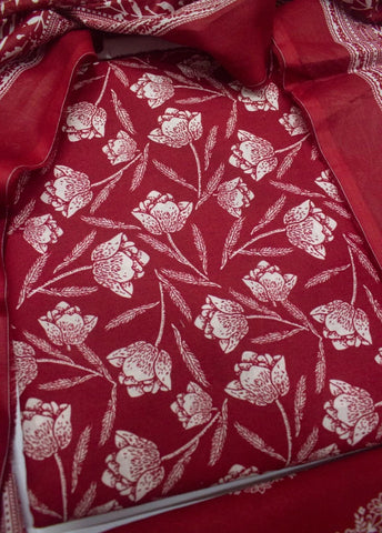 3 Piece Digital Printed Red Color Unstitched Suit