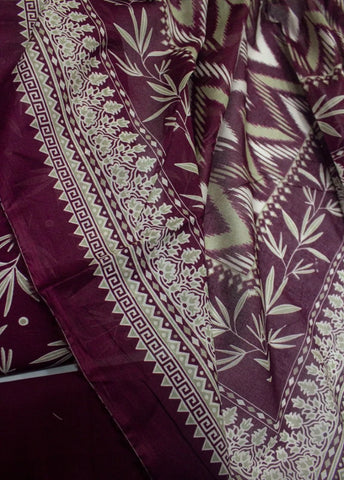 3 Piece Digital Printed Maroon Color Unstitched Suit