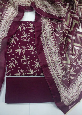 3 Piece Digital Printed Maroon Color Unstitched Suit