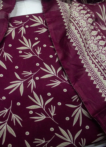 3 Piece Digital Printed Maroon Color Unstitched Suit