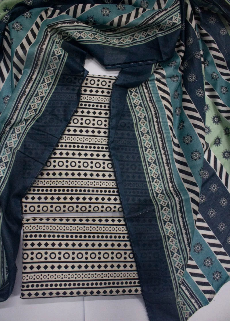 3 Piece Digital Printed Black & Off White Color Unstitched Suit