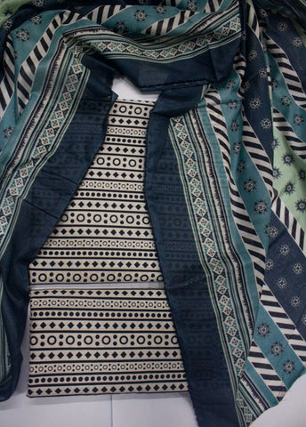 3 Piece Digital Printed Black & Off White Color Unstitched Suit