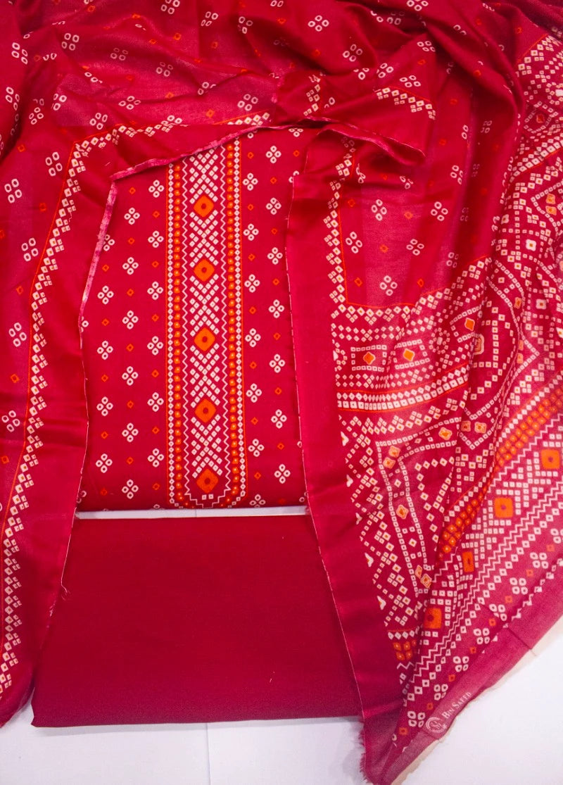 3 Piece Digital Printed Red Color Unstitched Suit