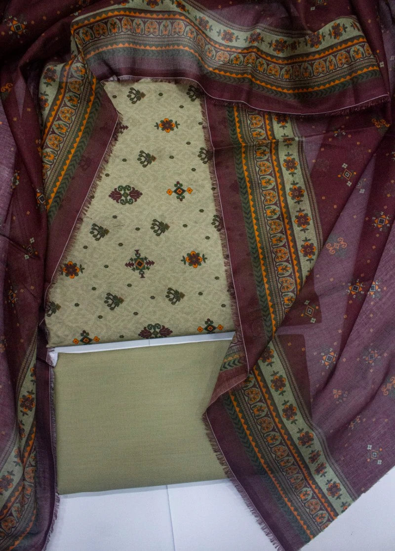 3 Piece Digital Printed Pista Green Color Unstitched Suit