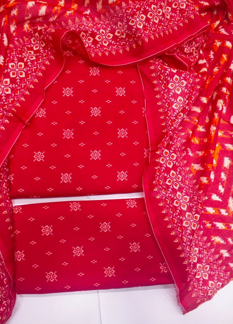 3 Piece Digital Printed Red Color Unstitched Suit