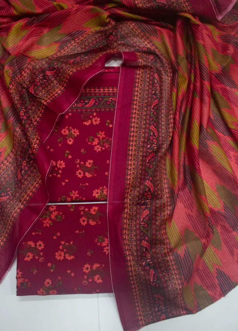 3 Piece Digital Printed Red Color Unstitched Suit