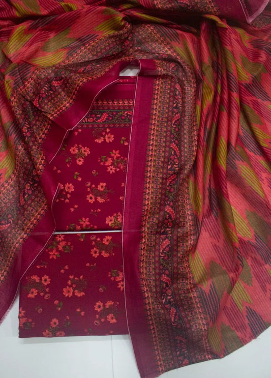 3 Piece Digital Printed Red Color Unstitched Suit