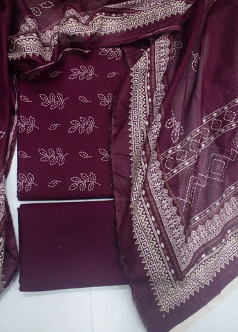 3 Piece Digital Printed Plum Color Unstitched Suit