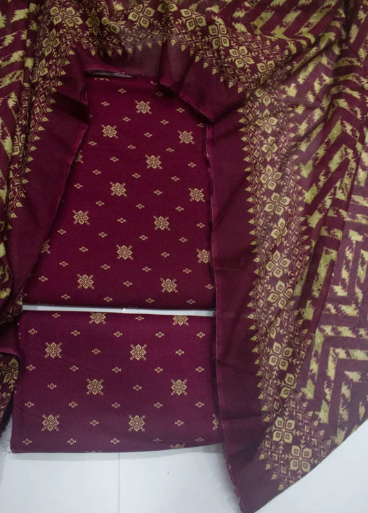 3 Piece Digital Printed Maroon Color Unstitched Suit