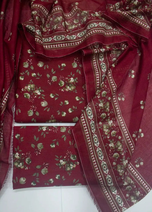 3 Piece Digital Printed Maroon Color Unstitched Suit