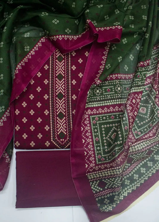 3 Piece Digital Printed Margenta Color Unstitched Suit