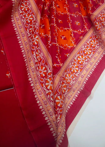 3 Piece Digital Printed Red Color Unstitched Suit