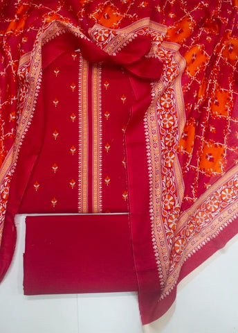 3 Piece Digital Printed Red Color Unstitched Suit