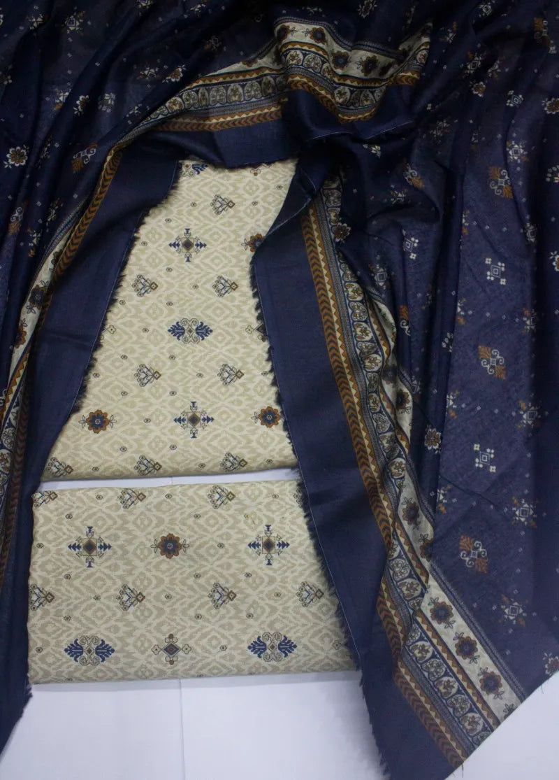 3 Piece Digital Printed Beige Color Unstitched Suit