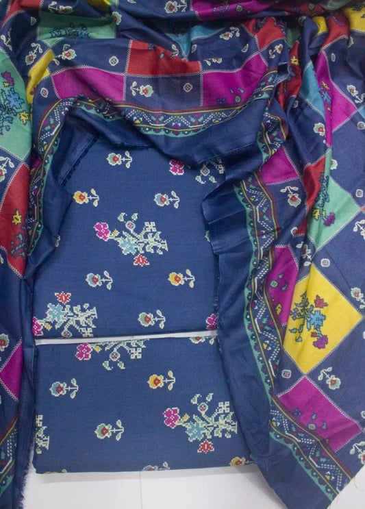 3 Piece Digital Printed Blue Color Unstitched Suit