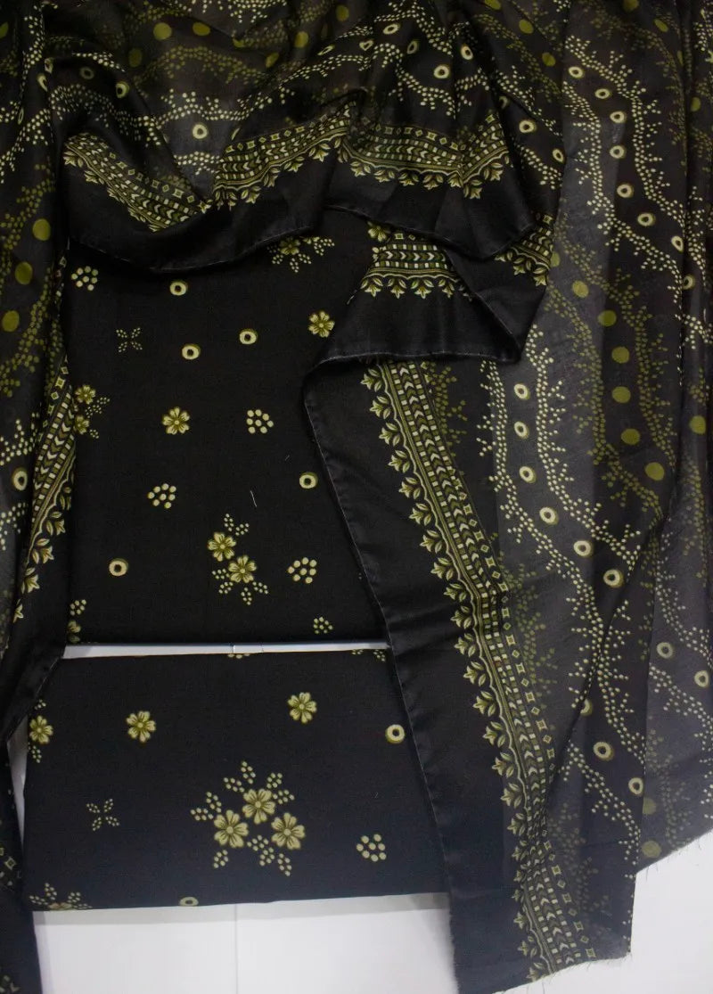 3 Piece Digital Printed Black Color Unstitched Suit