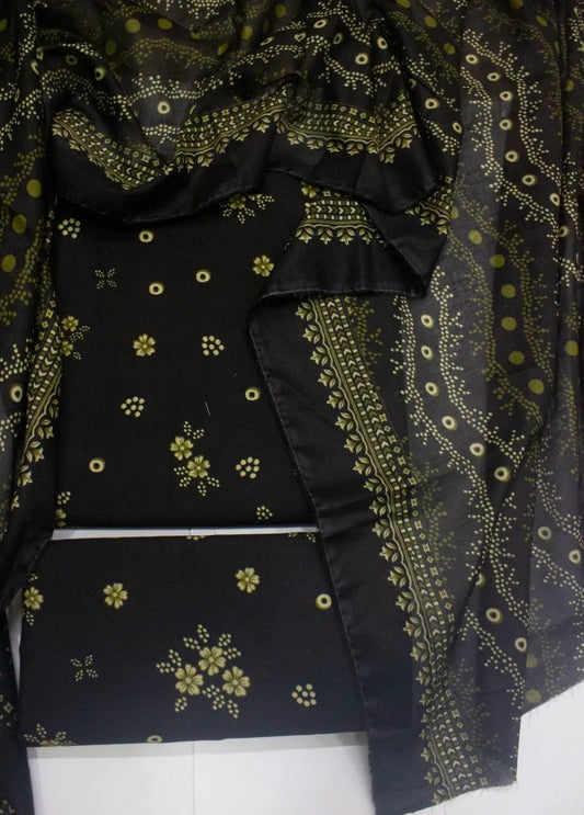 3 Piece Digital Printed Black Color Unstitched Suit