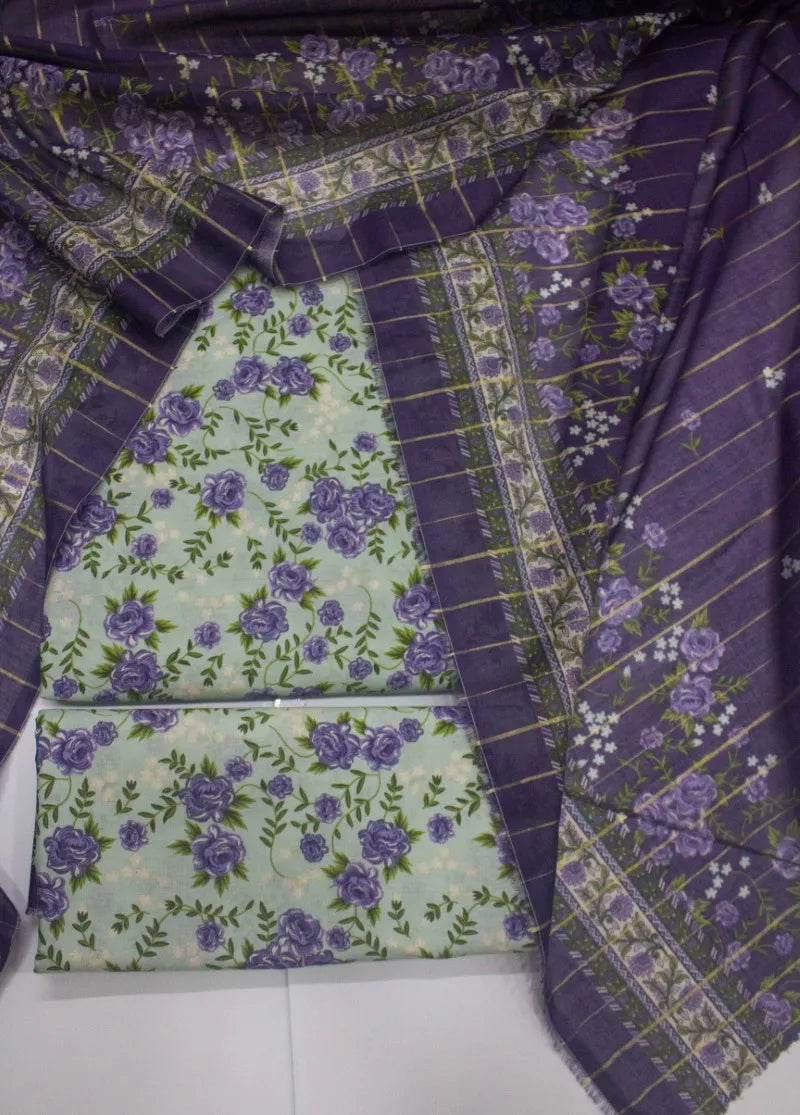 3 Piece Digital Printed Mint Green Color Unstitched Suit