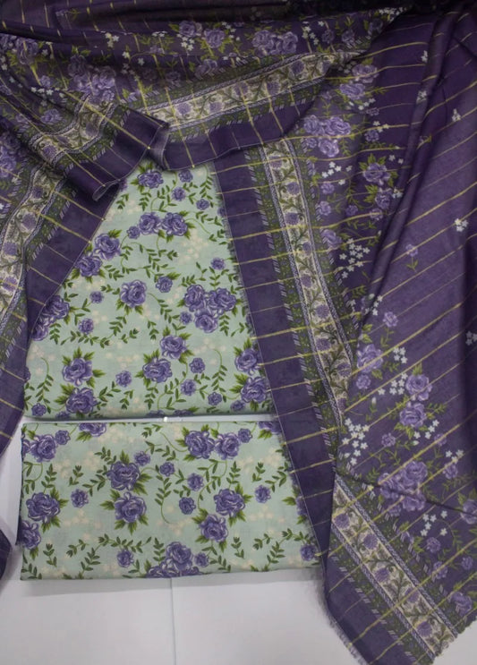 3 Piece Digital Printed Mint Green Color Unstitched Suit