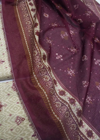 3 Piece Digital Printed Beige Color Unstitched Suit