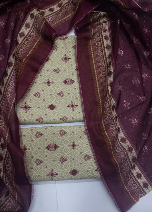 3 Piece Digital Printed Beige Color Unstitched Suit