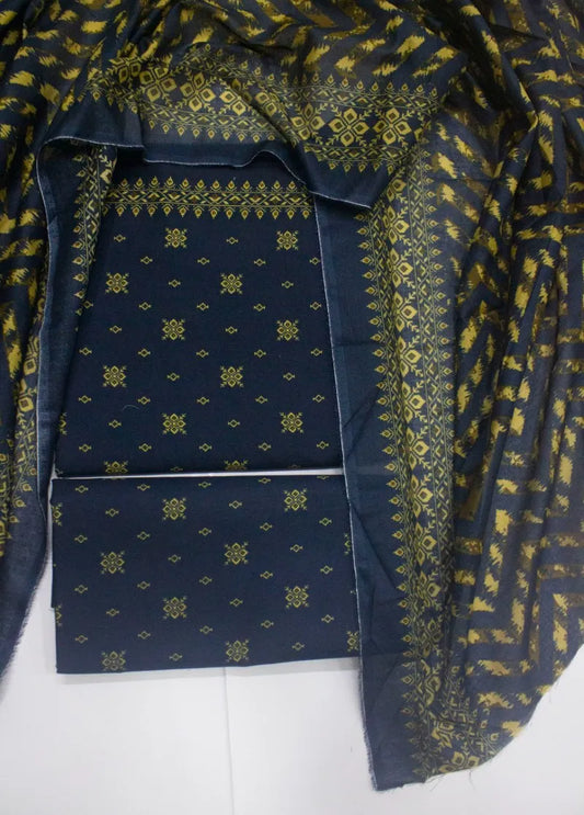 3 Piece Digital Printed Navy Blue Color Unstitched Suit