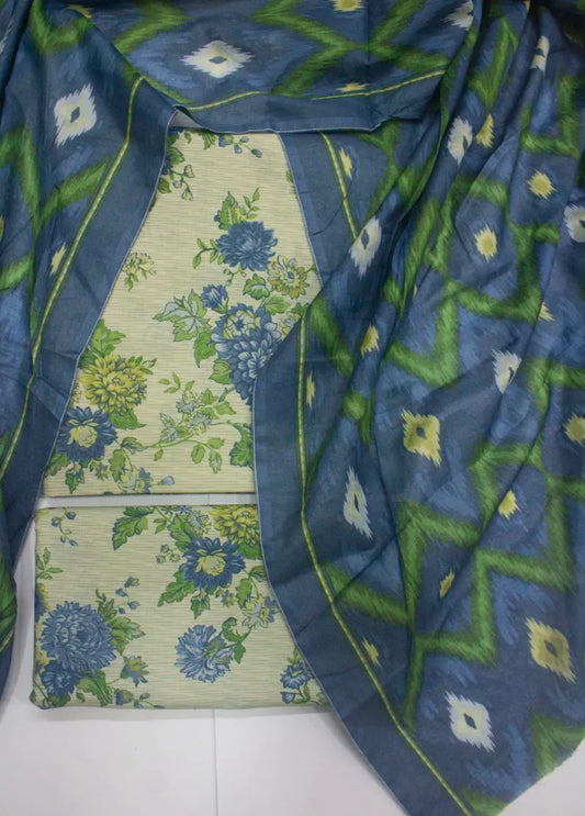 3 Piece Digital Printed Ivory Color Unstitched Suit