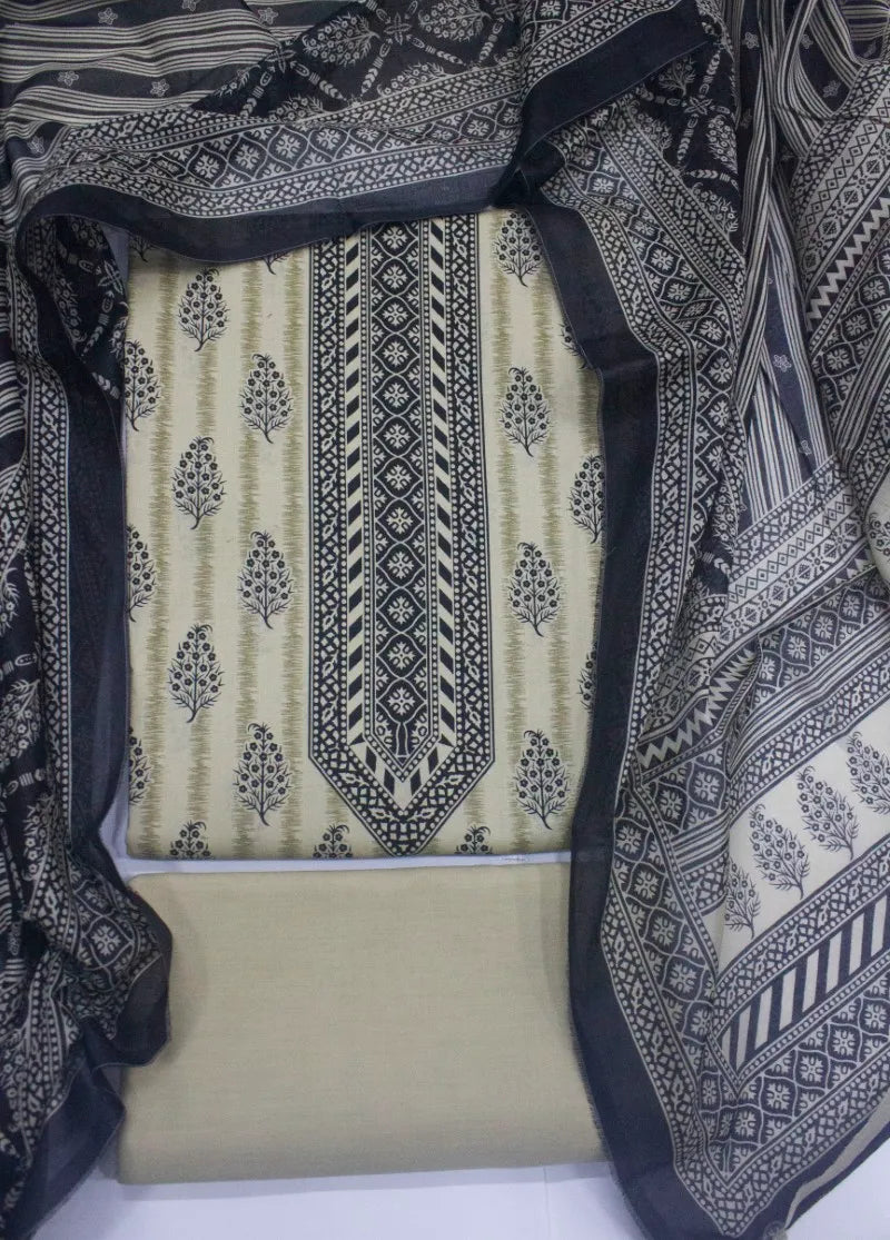 3 Piece Digital Printed Beige Color Unstitched Suit
