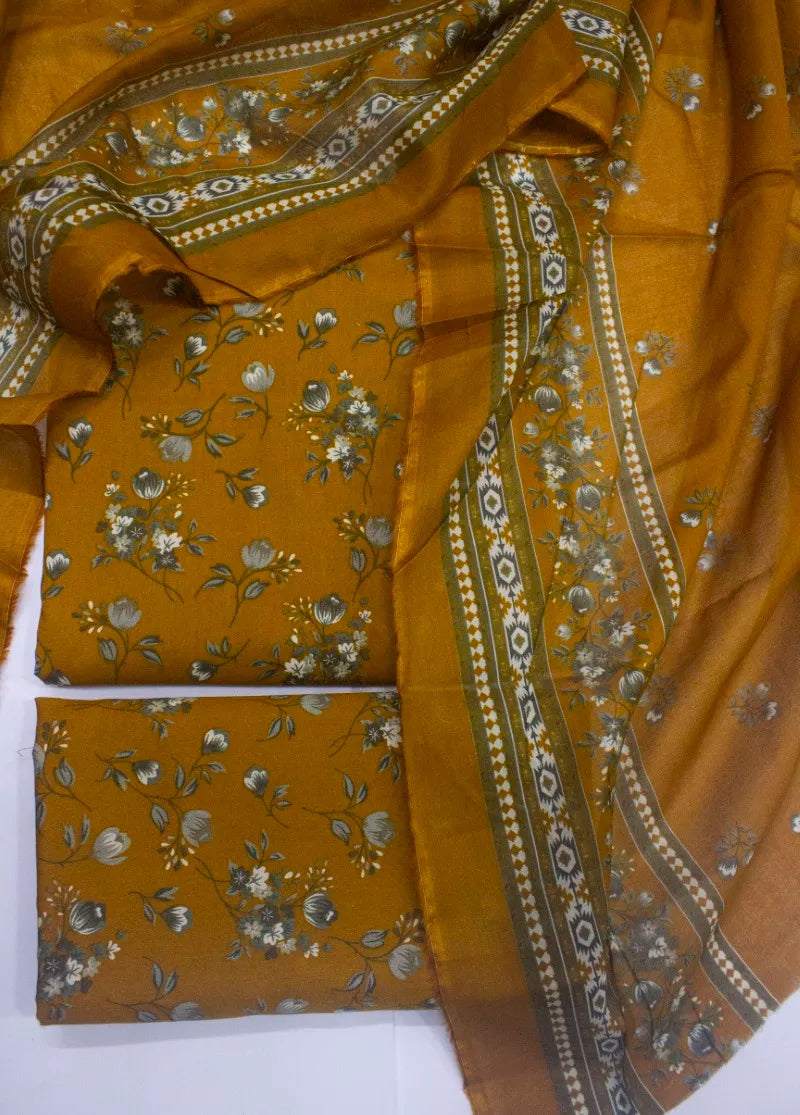 3 Piece Digital Printed Rust Color Unstitched Suit