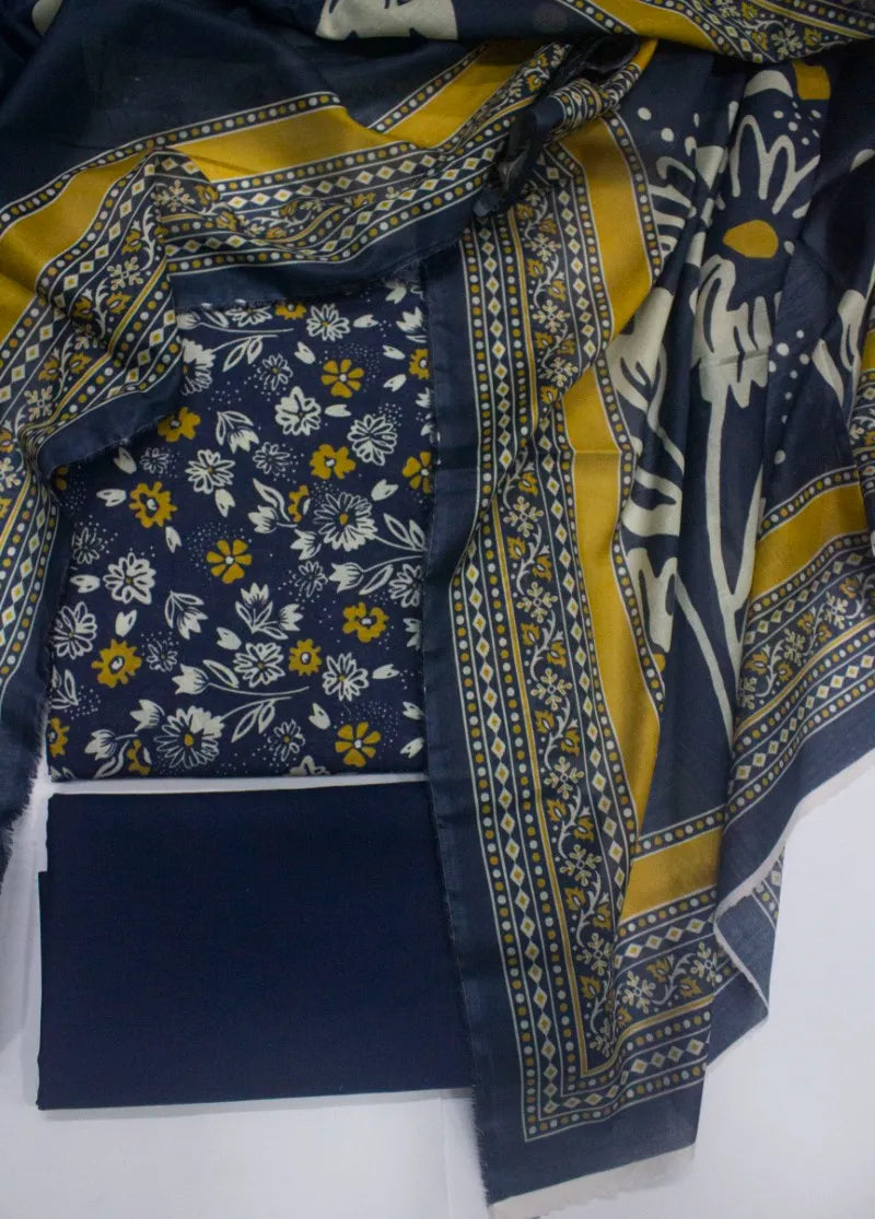 3 Piece Digital Printed Navy Blue Color Unstitched Suit