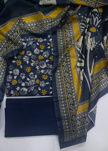 3 Piece Digital Printed Navy Blue Color Unstitched Suit
