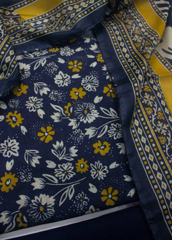 3 Piece Digital Printed Navy Blue Color Unstitched Suit