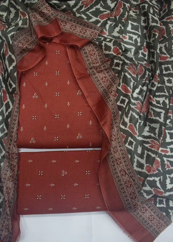3 Piece Digital Printed Rust Color Unstitched Suit