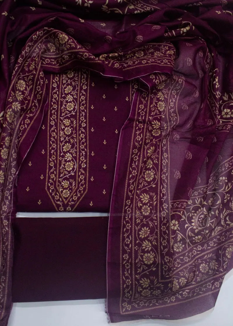 3 Piece Digital Printed Plum Color Unstitched Suit