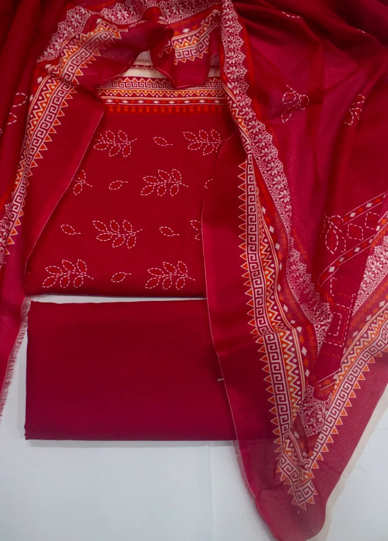 3 Piece Digital Printed Red Color Unstitched Suit