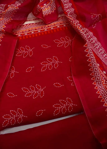 3 Piece Digital Printed Red Color Unstitched Suit